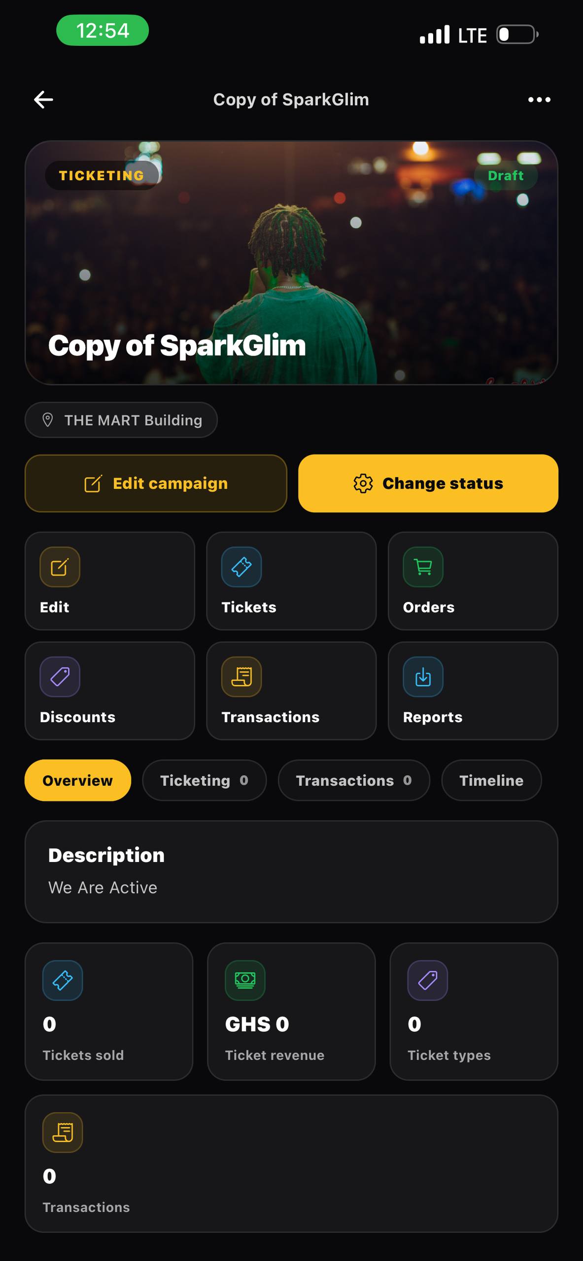 SparkGlim Creator App ticketing campaign operations screen