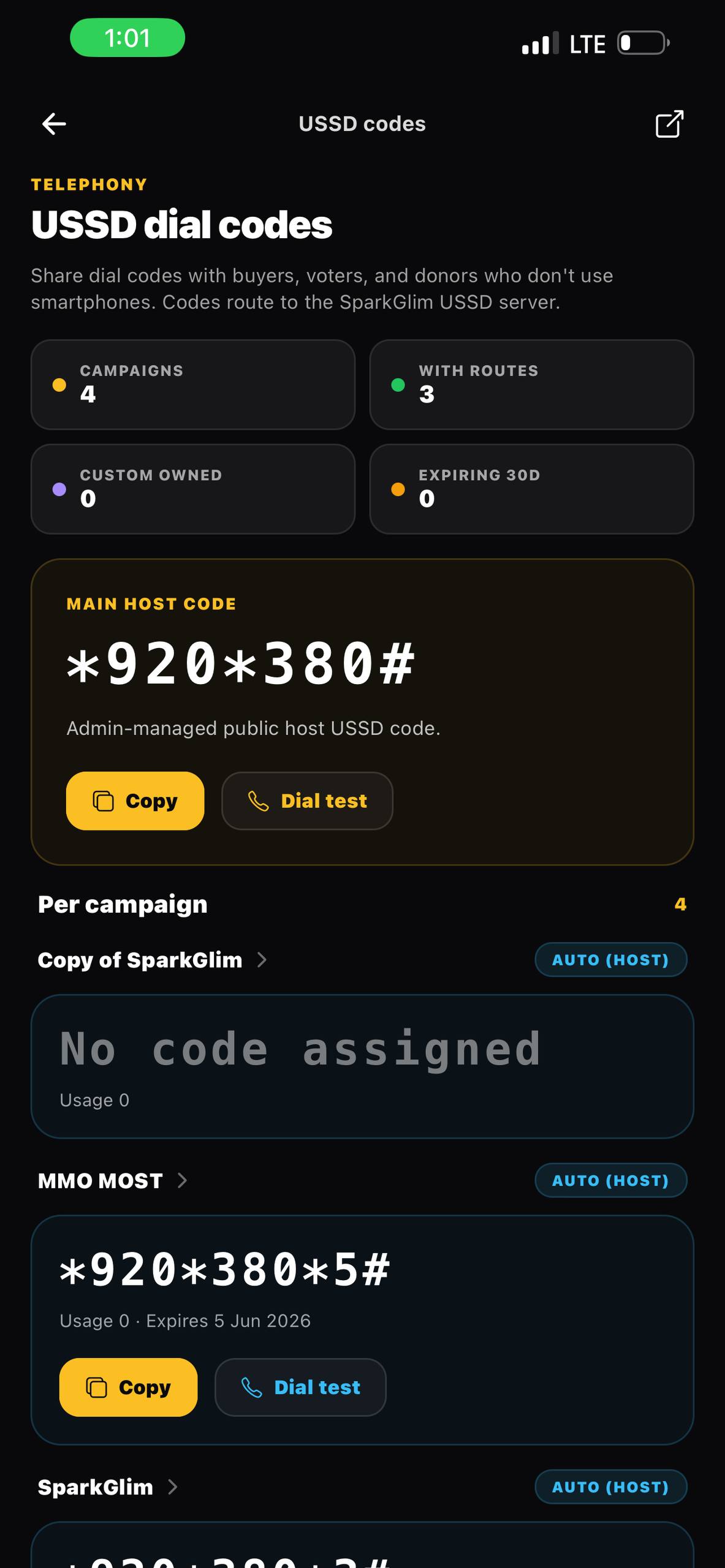 SparkGlim Creator App USSD campaign management screen